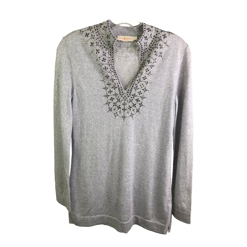 Tory Burch Women's Sz XS Sweater Grey Beaded Mandarin Collar Merino Wool V-Neck